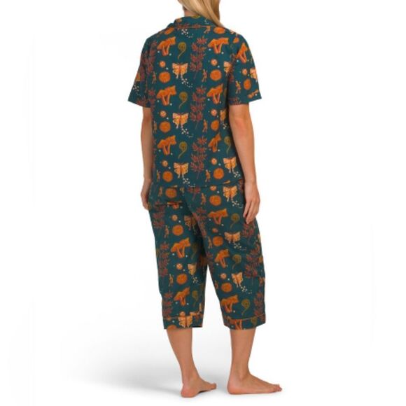 THEIR NIBS S-XL Dark Blue Orange Autumn Cotton Short Sleeve Crop Pants PJ Set - Picture 2 of 16